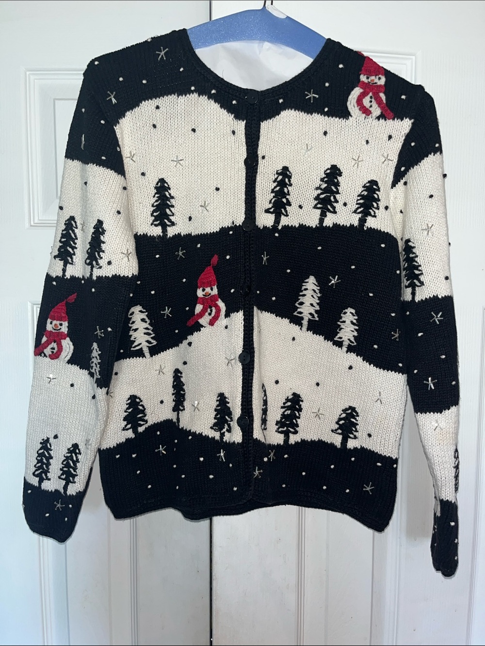 Vintage Talbots Black & White Snowman Cardigan with Red Accents